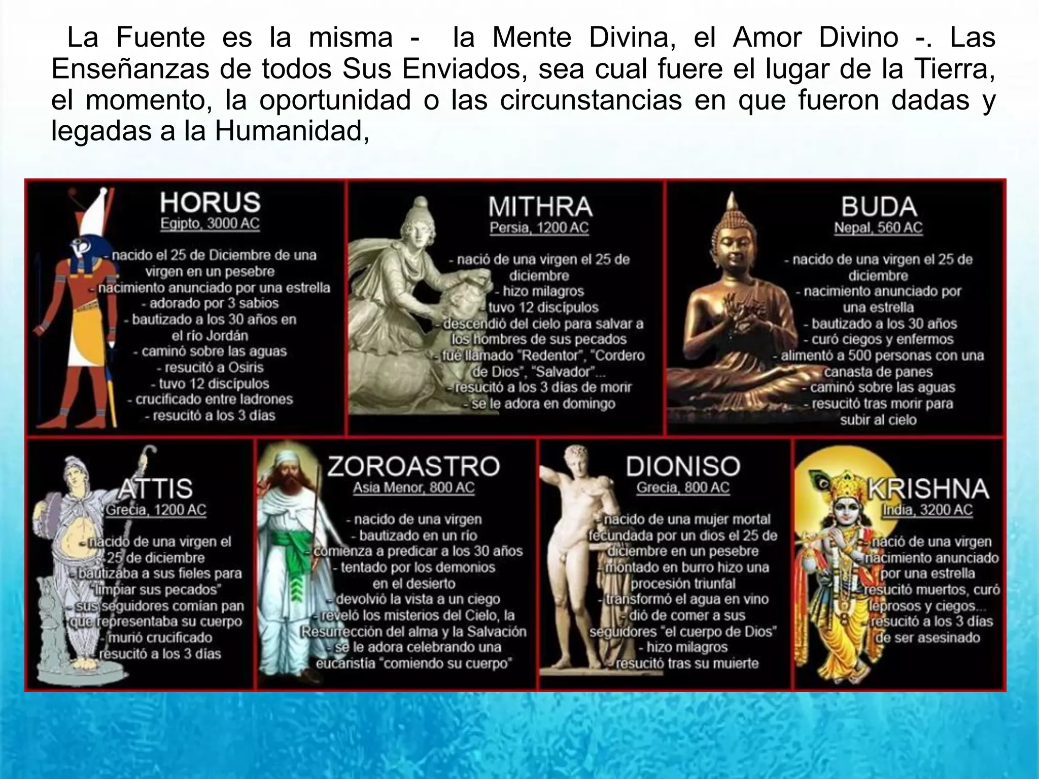 La Fuente es la misma - la Mente Divina, el Amor Divino -. Las
Enseñanzas de todos Sus Enviados, sea cual fuere el lugar de la Tierra,
el momento, la oportunidad o las circunstancias en que fueron dadas y
legadas a la Humanidad,
 