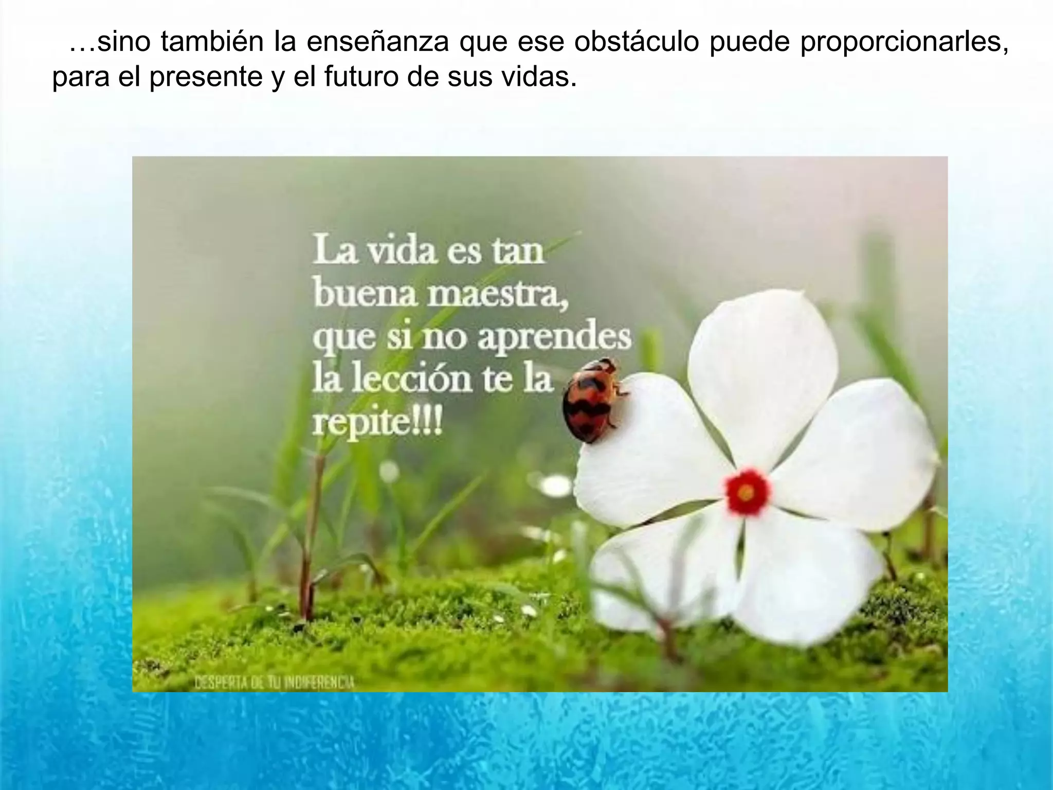 …sino también la enseñanza que ese obstáculo puede proporcionarles,
para el presente y el futuro de sus vidas.
 