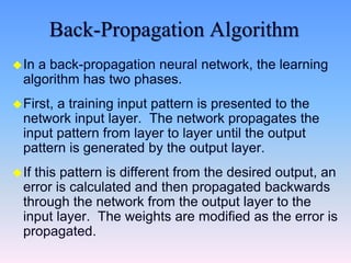 Back-Propagation Algorithm
In a back-propagation neural network, the learning
algorithm has two phases.
First, a training input pattern is presented to the
network input layer. The network propagates the
input pattern from layer to layer until the output
pattern is generated by the output layer.
If this pattern is different from the desired output, an
error is calculated and then propagated backwards
through the network from the output layer to the
input layer. The weights are modified as the error is
propagated.
 