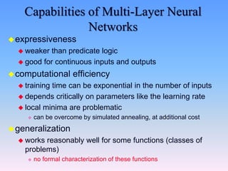 Capabilities of Multi-Layer Neural
Networks
expressiveness
 weaker than predicate logic
 good for continuous inputs and outputs
computational efficiency
 training time can be exponential in the number of inputs
 depends critically on parameters like the learning rate
 local minima are problematic
 can be overcome by simulated annealing, at additional cost
generalization
 works reasonably well for some functions (classes of
problems)
 no formal characterization of these functions
 