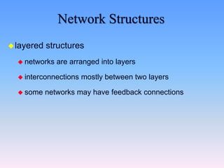 Network Structures
layered structures
 networks are arranged into layers
 interconnections mostly between two layers
 some networks may have feedback connections
 