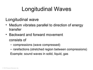 © 2010 Pearson Education, Inc.
Longitudinal Waves
Longitudinal wave
• Medium vibrates parallel to direction of energy
transfer
• Backward and forward movement
consists of
– compressions (wave compressed)
– rarefactions (stretched region between compressions)
Example: sound waves in solid, liquid, gas
 