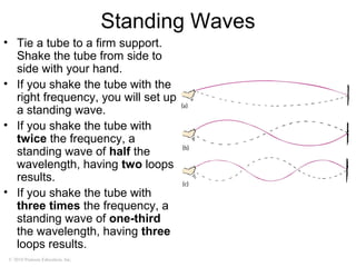© 2010 Pearson Education, Inc.
Standing Waves
• Tie a tube to a firm support.
Shake the tube from side to
side with your hand.
• If you shake the tube with the
right frequency, you will set up
a standing wave.
• If you shake the tube with
twice the frequency, a
standing wave of half the
wavelength, having two loops
results.
• If you shake the tube with
three times the frequency, a
standing wave of one-third
the wavelength, having three
loops results.
 