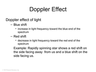© 2010 Pearson Education, Inc.
Doppler Effect
Doppler effect of light
– Blue shift
• increase in light frequency toward the blue end of the
spectrum
– Red shift
• decrease in light frequency toward the red end of the
spectrum
Example: Rapidly spinning star shows a red shift on
the side facing away from us and a blue shift on the
side facing us.
 