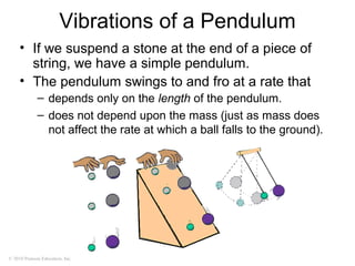 © 2010 Pearson Education, Inc.
Vibrations of a Pendulum
• If we suspend a stone at the end of a piece of
string, we have a simple pendulum.
• The pendulum swings to and fro at a rate that
– depends only on the length of the pendulum.
– does not depend upon the mass (just as mass does
not affect the rate at which a ball falls to the ground).
 
