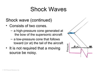 © 2010 Pearson Education, Inc.
Shock Waves
Shock wave (continued)
• Consists of two cones.
– a high-pressure cone generated at
the bow of the supersonic aircraft
– a low-pressure cone that follows
toward (or at) the tail of the aircraft
• It is not required that a moving
source be noisy.
 