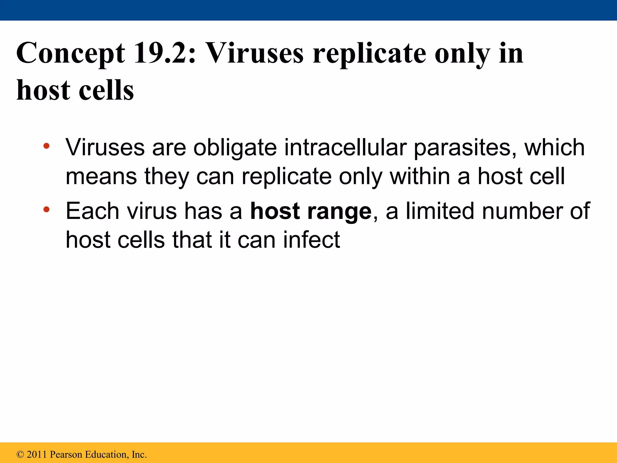 Concept 19.2: Viruses replicate only in
host cells
• Viruses are obligate intracellular parasites, which
means they can replicate only within a host cell
• Each virus has a host range, a limited number of
host cells that it can infect
© 2011 Pearson Education, Inc.
 