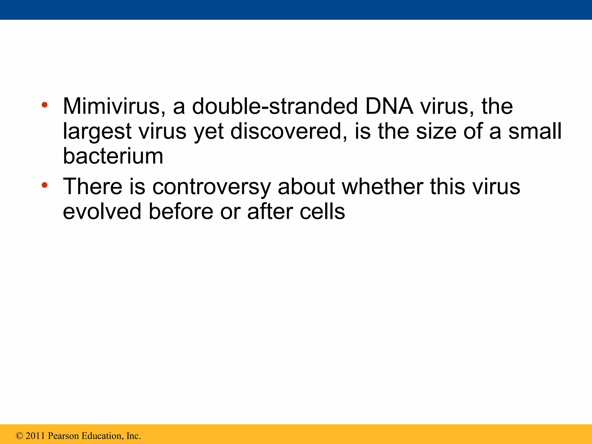 • Mimivirus, a double-stranded DNA virus, the
largest virus yet discovered, is the size of a small
bacterium
• There is controversy about whether this virus
evolved before or after cells
© 2011 Pearson Education, Inc.
 