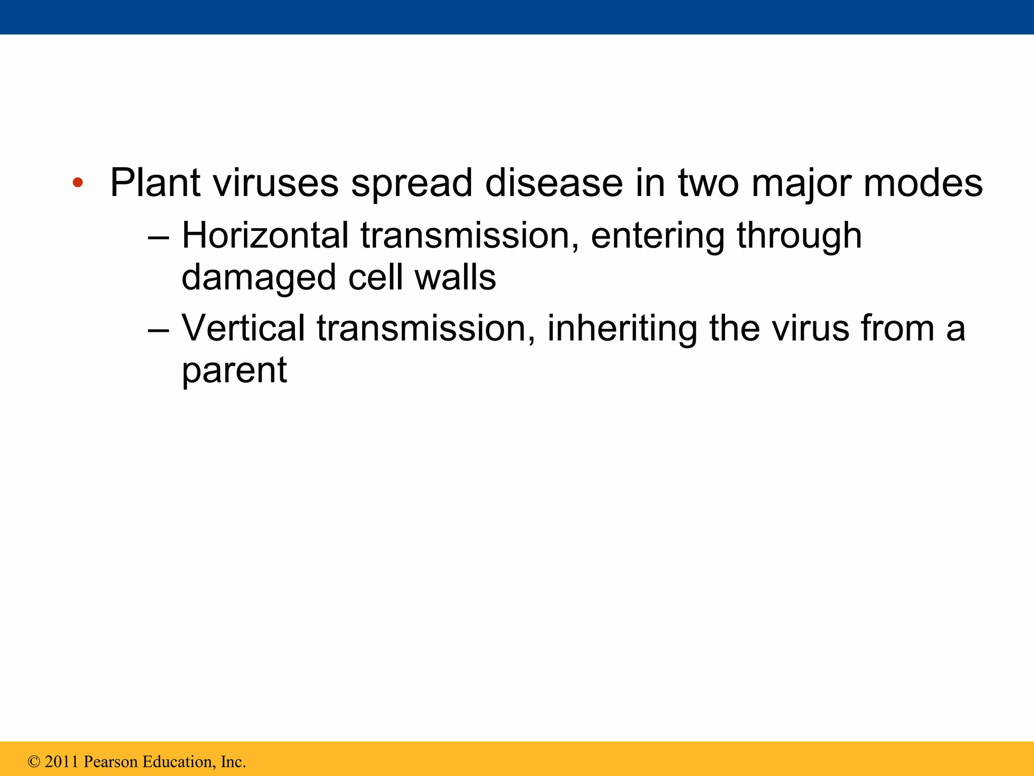 • Plant viruses spread disease in two major modes
– Horizontal transmission, entering through
damaged cell walls
– Vertical transmission, inheriting the virus from a
parent
© 2011 Pearson Education, Inc.
 