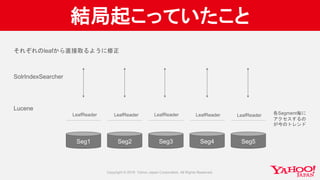 結局起こっていたこと
Seg1 Seg2 Seg3 Seg4 Seg5
Lucene
SolrIndexSearcher
LeafReader LeafReader LeafReader LeafReader LeafReader 各Segment毎に
アクセスするの
が今のトレンド
それぞれのleafから直接取るように修正
 