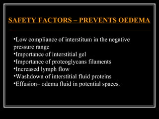 SAFETY FACTORS – PREVENTS OEDEMA
•Low compliance of interstitum in the negative
pressure range
•Importance of interstitial gel
•Importance of proteoglycans filaments
•Increased lymph flow
•Washdown of interstitial fluid proteins
•Effusion– odema fluid in potential spaces.
 