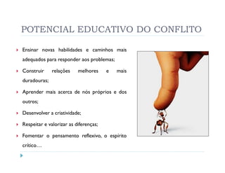 POTENCIAL EDUCATIVO DO CONFLITO

Ensinar novas habilidades e caminhos mais
adequados para responder aos problemas;

Construir     relações    melhores     e   mais
duradouras;

Aprender mais acerca de nós próprios e dos
outros;

Desenvolver a criatividade;

Respeitar e valorizar as diferenças;

Fomentar o pensamento reflexivo, o espírito
crítico…
 