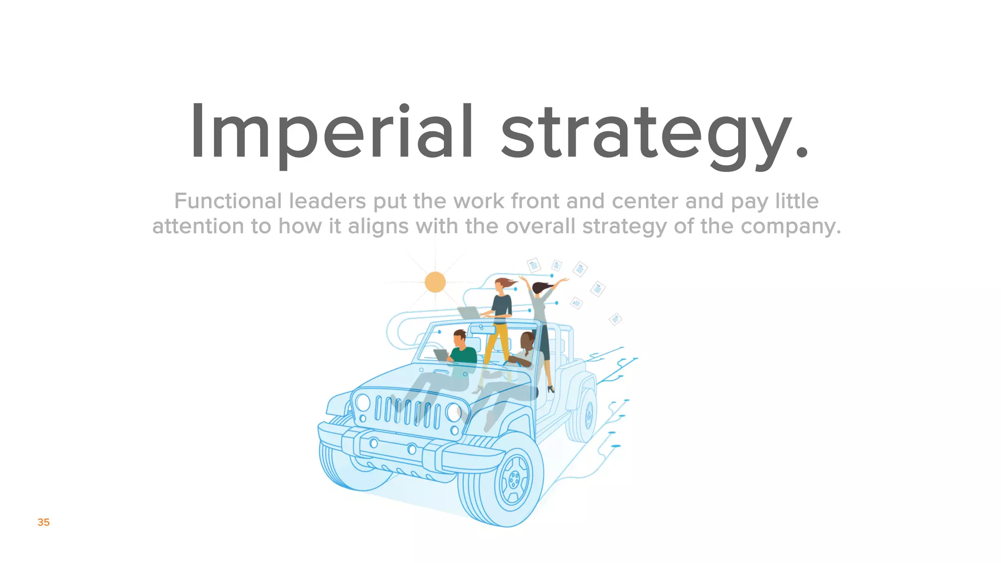 35
Imperial strategy.
Functional leaders put the work front and center and pay little
attention to how it aligns with the overall strategy of the company.
 
