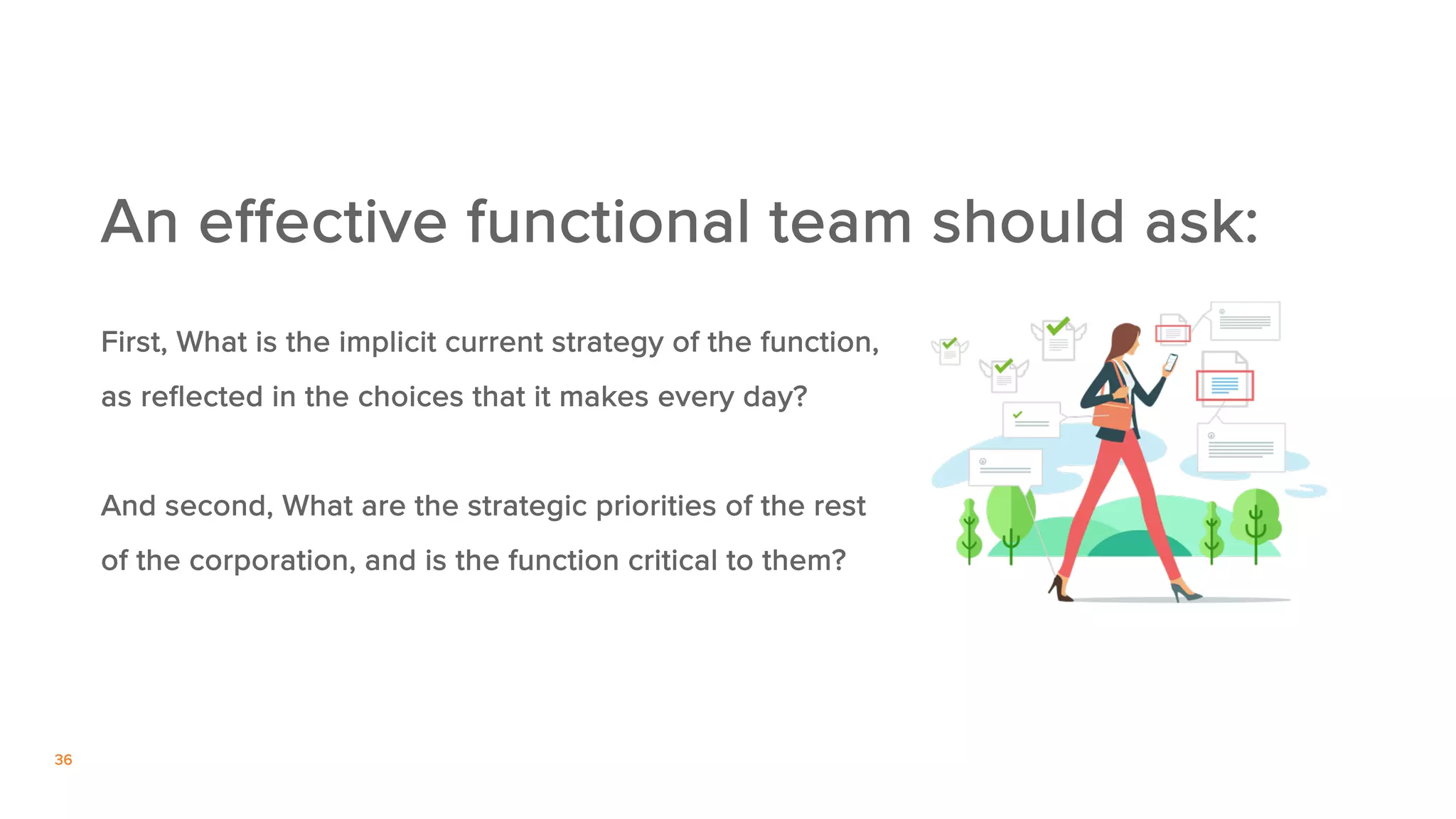 36
First, What is the implicit current strategy of the function,
as reflected in the choices that it makes every day?
And second, What are the strategic priorities of the rest
of the corporation, and is the function critical to them?
An effective functional team should ask:
 