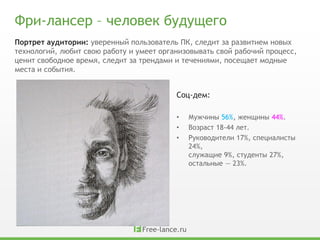 Фри-лансер – человек будущего
Портрет аудитории: уверенный пользователь ПК, следит за развитием новых
технологий, любит свою работу и умеет организовывать свой рабочий процесс,
ценит свободное время, следит за трендами и течениями, посещает модные
места и события.


                                          Соц-дем:

                                          •   Мужчины 56%, женщины 44%.
                                          •   Возраст 18-44 лет.
                                          •   Руководители 17%, специалисты
                                              24%,
                                              служащие 9%, студенты 27%,
                                                       –

                                              остальные — 23%.
 