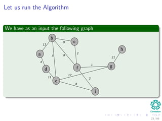Let us run the Algorithm
We have as an input the following graph
b
c
f
a
d
e
i
g
h
12
4
5
11
8
9
2
1
17
8
2
21
23 / 69
 