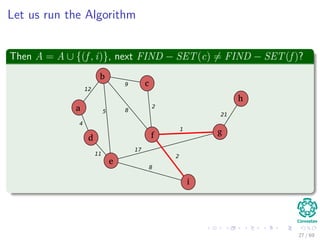 Let us run the Algorithm
Then A = A ∪ {(f , i)}, next FIND − SET(c) = FIND − SET(f )?
b
c
f
a
d
e
i
g
h
12
4
5
11
8
9
2
1
17
8
2
21
27 / 69
 