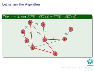 Let us run the Algorithm
Then A = A, next FIND − SET(d) = FIND − SET(e)?
b
c
f
a
d
e
i
g
h
12
4
5
11
8
9
2
1
17
8
2
21
33 / 69
 