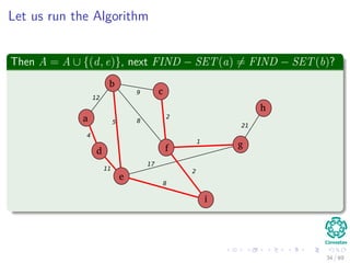 Let us run the Algorithm
Then A = A ∪ {(d, e)}, next FIND − SET(a) = FIND − SET(b)?
b
c
f
a
d
e
i
g
h
12
4
5
11
8
9
2
1
17
8
2
21
34 / 69
 
