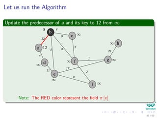 Let us run the Algorithm
Update the predecessor of a and its key to 12 from ∞
b
c
f
a
d
e
i
g
h
12
4
5
11
8
9
2
1
17
8
2
21
Note: The RED color represent the ﬁeld π [v]
48 / 69
 