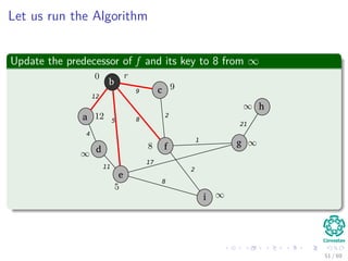 Let us run the Algorithm
Update the predecessor of f and its key to 8 from ∞
b
c
f
a
d
e
i
g
h
12
4
5
11
8
9
2
1
17
8
2
21
51 / 69
 