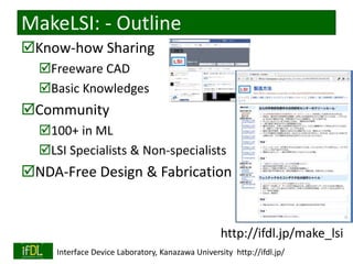 2020/3/13 Interface Device Laboratory, Kanazawa University http://ifdl.jp/
MakeLSI: - Outline
Know-how Sharing
Freeware CAD
Basic Knowledges
Community
100+ in ML
LSI Specialists & Non-specialists
NDA-Free Design & Fabrication
http://ifdl.jp/make_lsi
 