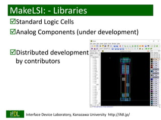 2020/3/13 Interface Device Laboratory, Kanazawa University http://ifdl.jp/
MakeLSI: - Libraries
Standard Logic Cells
Analog Components (under development)
Distributed development
by contributors
 