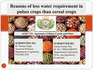 1
Reasons of less water requirement in
pulses crops than cereal crops
AGRN 723 : Agronomy of Major Cereals and Pulses
SUBMITTED TO:
Dr. Vikram Singh
Associate Professor
Department of Agronomy
NAI,SHUATS
SUBMITTED BY:
Suman Kumar Dey
Id. No: 19MSAGRO070
Department of Agronomy
M.Sc. Ag.(Agronomy)
II semester
 
