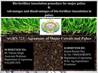 Bio-fertilizer inoculation procedure for major pulses
&
Advantages and disadvantages of bio-fertilizer inoculation in
pulses
SUBMITTED TO:
Dr. Vikram Singh
Associate Professor
Department of Agronomy
NAI,SHUATS
SUBMITTED BY:
Suman Kumar Dey
Id. No: 19MSAGRO070
Department of Agronomy
M.Sc. Ag.(Agronomy)
II semester
1
 