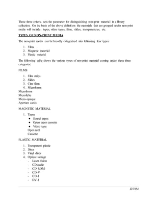 10 |MLI
These three criteria sets the parameter for distinguishing non-print material in a library
collection. On the basis of the above definition the materials that are grouped under non-print
media will include: tapes, video tapes, films, slides, transparencies, etc.
TYPES OF NON-PRINT MEDIA
The non-print media can be broadly categorized into following four types:
1. Films
2. Magnetic material
3. Plastic material
The following table shows the various types of non-print material coming under these three
categories:
FILMS
1. Film strips
2. Slides
3. Cine films
4. Microforms
Microforms
Microfiche
Micro-opaque
Aperture cards
MAGNETIC MATERIAL
1. Tapes
● Sound tapes:
● Open tapes cassette
● Video tape:
Open reel
Cassette
PLASTIC MATERIAL
1. Transparent plastic
2. Discs
3. Vinyl discs
4. Optical storage
- Laser vision
- CD audio
- CD-ROM
- CD-V
- CD-1
- DV-1
 