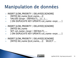 INSERT [LOW_PRIORITY | DELAYED] [IGNORE] 
 [INTO] tbl_name [(col_name,...)] 
 VALUES ({expr | DEFAULT},...),(...),... 
...