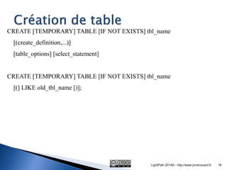 CREATE [TEMPORARY] TABLE [IF NOT EXISTS] tbl_name 
[(create_definition,...)] 
[table_options] [select_statement] 
CREATE [...