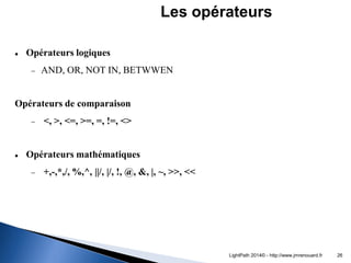 Opérateurs logiques 
AND, OR, NOT IN, BETWWEN 
Opérateurs de comparaison 
 <, >, <=, >=, =, !=, <> 
Opérateurs mathéma...