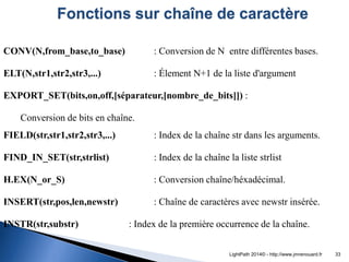 CONV(N,from_base,to_base) : Conversion de N entre différentes bases. 
ELT(N,str1,str2,str3,...) : Élement N+1 de la liste ...