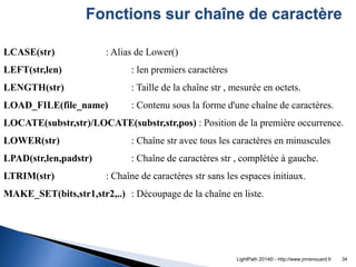 LCASE(str) : Alias de Lower() LEFT(str,len) : len premiers caractères LENGTH(str) : Taille de la chaîne str , mesurée en o...