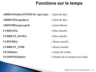 ADDDATE(date,INTERVAL expr type) : Ajout de date. 
ADDDATE(expr,days) : Ajout de date. 
ADDTIME(expr,expr2) : Ajout d'heur...