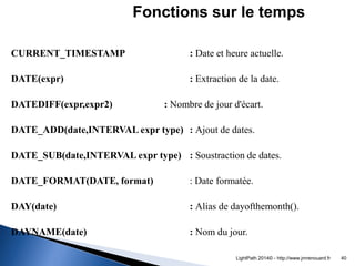 CURRENT_TIMESTAMP : Date et heure actuelle. 
DATE(expr) : Extraction de la date. 
DATEDIFF(expr,expr2) : Nombre de jour d'...