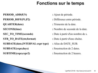PERIOD_ADD(P,N) : Ajout de période. 
PERIOD_DIFF(P1,P2) : Différence entre période. 
QUARTER(date) : Trimestre de la date....