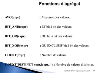 AVG(expr) : Moyenne des valeurs. BIT_AND(expr) : ET bit à bit des valeurs. BIT_OR(expr) : OU bit à bit des valeurs. BIT_XO...