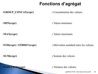 •GROUP_CONCAT(expr) : Concaténation des valeurs. 
•MIN(expr) : Valeur minimum. 
•MAX(expr) : Valeur maximum. 
•STD(expr) /...