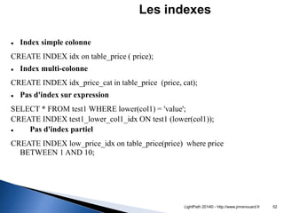 Index simple colonne 
CREATE INDEX idx on table_price ( price); 
Index multi-colonne 
CREATE INDEX idx_price_cat in tabl...