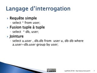 Requête simple 
◦select * from user; 
Fusion tuple à tuple 
◦select * db, user; 
Jointure 
◦select u.user , db.db from ...