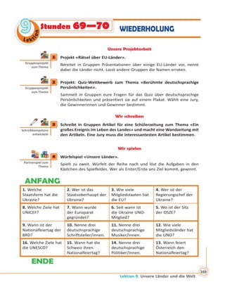 Lektion 9. Unsere Länder und die Welt
169
Le kt
ion
99 WIEDERHOLUNGStunden 69—70
Unsere Projektarbeit
1 Projekt «Rätsel über EU-Länder».
Bereitet in Gruppen Präsentationen über einige EU-Länder vor, nennt
dabei die Länder nicht. Lasst andere Gruppen die Namen erraten.
2 Projekt: Quiz-Wettbewerb zum Thema «Berühmte deutschsprachige
Persönlichkeiten».
Sammelt in Gruppen eure Fragen für das Quiz über deutschsprachige
Persönlichkeiten und präsentiert sie auf einem Plakat. Wählt eine Jury,
die Gewinnerinnen und Gewinner bestimmt.
Wir schreiben
3 Schreibt in Gruppen Artikel für eine Schülerzeitung zum Thema «Ein
großes Ereignis im Leben des Landes» und macht eine Wandzeitung mit
den Artikeln. Eine Jury muss die interessantesten Artikel bestimmen.
Wir spielen
4 Würfelspiel «Unsere Länder».
Spielt zu zweit. Würfelt der Reihe nach und löst die Aufgaben in den
Kästchen des Spielfeldes. Wer als Erster/Erste ans Ziel kommt, gewinnt.
ANFANGANFANG
1. Welche
Staatsform hat die
Ukraine?
2. Wer ist das
Staatsoberhaupt der
Ukraine?
3. Wie viele
Mitgliedstaaten hat
die EU?
4. Wer ist der
Regierungschef der
Ukraine?
8. Welche Ziele hat
UNICEF?
7. Wann wurde
der Europarat
gegründet?
6. Seit wann ist
die Ukraine UNO-
Mitglied?
5. Wo ist der Sitz
der OSZE?
9. Wann ist der
Nationalfeiertag der
BRD?
10. Nenne drei
deutschsprachige
Schriftsteller/innen.
11. Nenne drei
deutschsprachige
Musiker/innen.
12. Wie viele
Mitgliedsländer hat
die UNO?
16. Welche Ziele hat
die UNESCO?
15. Wann hat die
Schweiz ihren
Nationalfeiertag?
14. Nenne drei
deutschsprachige
Politiker/innen.
13. Wann feiert
Österreich den
Nationalfeiertag?
ENDEENDE
1
Gruppenprojekt
zum Thema
2
Gruppenprojekt
zum Thema
3
Schreibkompetenz
entwickeln
4
Partnerspiel zum
Thema
 