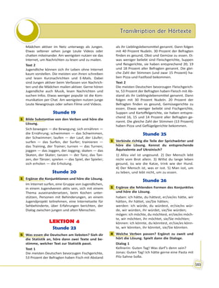 Transkription der HörtexteTranskription der Hörtexte
183
Mädchen aktiver im Netz unterwegs als Jungen.
Etwas seltener sehen junge Leute Videos oder
chatten miteinander. Am wenigsten nutzen sie das
Internet, um Nachrichten zu lesen und zu mailen.
Text 2
Jugendliche können sich ihr Leben ohne Internet
kaum vorstellen. Die meisten von ihnen schreiben
und lesen Kurznachrichten und E-Mails. Dabei
sind Jungen aktiver beim Verfassen von Nachrich-
ten und die Mädchen mailen aktiver. Gerne hören
Jugendliche auch Musik, lesen Nachrichten und
suchen Infos. Etwas weniger populär ist die Kom-
munikation per Chat. Am wenigsten nutzen junge
Leute Newsgroups oder sehen Filme und Videos.
Stunde 19
1 Bilde Substantive von den Verben und höre die
Lösung.
Sich bewegen — die Bewegung; sich ernähren —
die Ernährung; schwimmen — das Schwimmen,
der Schwimmer; laufen — der Lauf, der Läufer;
surfen — das Surfen, der Surfer; trainieren —
das Training, der Trainer; turnen — das Turnen;
joggen — das Joggen, der Jogging; skaten — das
Skaten, der Skater; tanzen — der Tanz, das Tan-
zen, der Tänzer; spielen — das Spiel, der Spieler;
sich erholen — die Erholung.
Stunde 20
1 Ergänze die Konjunktionen und höre die Lösung.
Im Internet surfen, eine Gruppe von Jugendlichen,
in einem Jugendverein aktiv sein, sich mit einem
Thema auseinandersetzen, beim Kochen unter-
stützen, Personen mit Behinderungen, an einem
Jugendprojekt teilnehmen, eine Internetseite für
Sehbehinderte, über Erfahrungen berichten, der
Dialog zwischen jungen und alten Menschen.
LEKTION 4
Stunde 23
5 Was essen die Deutschen am liebsten? Sieh dir
die Statistik an, höre dann zwei Texte und be-
stimme, welcher Text zur Statistik passt.
Text 1
Die meisten Deutschen bevorzugen Fischgerichte,
53 Prozent der Befragten haben Fisch mit Abstand
als ihr Lieblingslebensmittel genannt. Dann folgen
mit 40 Prozent Nudeln. 30 Prozent der Befragten
finden es gesund, Obst und Gemüse zu essen. Et-
was weniger beliebt sind Fleischgerichte, Suppen
und Reisgerichte, sie haben entsprechend 20, 19
und 18 Prozent aller Befragten genannt. Die glei-
che Zahl der Stimmen (und zwar 15 Prozent) ha-
ben Pizza und Fastfood bekommen.
Text 2
Die meisten Deutschen bevorzugen Fleischgerich-
te, 53 Prozent der Befragten haben Fleisch mit Ab-
stand als ihr Lieblingslebensmittel genannt. Dann
folgen mit 30 Prozent Nudeln. 20 Prozent der
Befragten finden es gesund, Gemüsegerichte zu
essen. Etwas weniger beliebt sind Fischgerichte,
Suppen und Kartoffelgerichte, sie haben entspre-
chend 16, 15 und 14 Prozent aller Befragten ge-
nannt. Die gleiche Zahl der Stimmen (13 Prozent)
haben Pizza und Geflügelgerichte bekommen.
Stunde 25
1 Verbinde richtig die Teile der Sprichwörter und
höre die Lösung. Kennst du entsprechende
Äquivalente auf Ukrainisch?
1) Allzu viel ist ungesund. 2) Der Mensch lebt
nicht vom Brot allein. 3) Willst du lange leben
gesund, iss wie die Katze, trink wie der Hund.
4) Der Mensch ist, was er isst. 5) Man isst, um
zu leben, und lebt nicht, um zu essen.
Stunde 26
1 Ergänze die fehlenden Formen des Konjunktivs
und höre die Lösung.
haben: ich hätte, du hättest, er/sie/es hätte, wir
hätten, ihr hättet, sie/Sie hätten;
werden: ich würde, du würdest, er/sie/es wür-
de, wir würden, ihr würdet, sie/Sie würden;
mögen: ich möchte, du möchtest, er/sie/es möch-
te, wir möchten, ihr möchtet, sie/Sie möchten;
können: ich könnte, du könntest, er/sie/es könn-
te, wir könnten, ihr könntet, sie/Sie könnten.
4 Welche Verben passen? Ergänzt zu zweit und
hört die Lösung. Spielt dann die Dialoge.
Dialog 1
Kellnerin: Guten Tag! Was darf’s denn sein?
Jonas: Guten Tag! Ich hätte gerne eine Pasta mit
Pilz-Sahne-Soße.
1
1
5
1
1
4
 