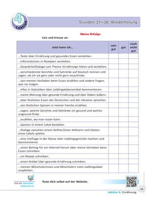 Le kt
ion
44 Stunden 27—28. WiederholungStunden 27—28. Wiederholung
Lektion 4. Ernährung
69
Meine Erfolge
Lies und kreuze an.
Jetzt kann ich…
sehr
gut
gut
noch
nicht
gut
…Texte über Ernährung und gesundes Essen verstehen.
…Informationen in Rezepten verstehen.
…Gespräche/Dialoge zum Thema «Ernährung» hören und verstehen.
…verschiedenste Gerichte und Getränke auf Deutsch nennen und
sagen, ob ich sie gern oder nicht gern esse/trinke.
…von meinen Vorlieben beim Essen erzählen und andere fragen,
was sie mögen.
…Infos in Statistiken über Lieblingslebensmittel kommentieren.
…meine Meinung über gesunde Ernährung und über Diäten äußern.
…über festliches Essen der Deutschen und der Ukrainer sprechen.
…von festlichen Speisen in meiner Familie erzählen.
…sagen, welche Gerichte und Getränke ich gesund und welche
ungesund finde.
…erzählen, wo man essen kann.
…Speisen in einem Lokal bestellen.
…Dialoge zwischen einem Kellner/einer Kellnerin und Gästen
eines Lokals spielen.
…eine Umfrage in der Klasse über Lieblingsgerichte machen und
kommentieren.
…einen Beitrag für ein Internet-Forum über meine Vorlieben beim
Essen schreiben.
…ein Rezept schreiben.
…einen Artikel über gesunde Ernährung schreiben.
…meinen Mitschülerinnen und Mitschülern mein Lieblingslokal
empfehlen.
Teste dich selbst auf der Website.
Geh auf: interac ve.
ranok.com.ua
 