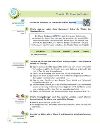 Le ktion
66 Stunde 36. KunstgattungenStunde 36. Kunstgattungen
Lektion 6. Kunst
88
b) Löse die Aufgaben zur Grammatik auf der Website.
5 Welche Abarten haben diese Gattungen? Ordne die Wörter den
Oberbegriffen zu.
der Blues, der Dokumentarfilm, das Drama, das Gedicht, das
Genrebild, der Horrorfilm, der Jazz, die Komödie, der Kriminalfilm,
der Kriminalroman, das Marinebild, das Musical, die Novelle, die
Ouvertüre, das Porträt, der Roman, der Science-Fiction-Film, die
Sinfonie, der Spielfilm, das Stillleben, das Theaterstück, die Tragödie
Filmkunst Literatur Malerei Musik Theater
der Dokumentarfilm, … … … … …
6 Löse die Rätsel über die Abarten der Kunstgattungen. Finde passende
Wörter aus Übung 5.
1) Das ist eine gedruckte Geschichte. Hier wird von einem kriminellen
Verbrechen erzählt. Ein Polizist oder ein Detektiv untersucht den
Fall. → Das ist ein Kriminalroman.
2) Das ist ein Kunstwerk. Hier wird eine Person dargestellt. → …
3) Das ist ein Werk auf der Bühne. Hier wird eine lustige Geschichte aus
dem Leben von Menschen vorgeführt. → …
4) Das ist eine Kunstform, wo Gesang, Tanz, Musik und Schauspiel
verbunden werden. → …
5) Das ist eine Musikform, die in der afroamerikanischen Kultur entstanden
ist und wo Gesang mit Instrumenten begleitet wird. Der Name wurde
vom englischen «I feel blue (Ich bin traurig)» abgeleitet. → …
6) Das ist ein Filmgenre, wo beim Zuschauer Angst ausgelöst wird. → …
7 Welche Kunstgattungen und ihre Abarten gefallen euch? Warum?
Bummelt durch die Klasse und spielt Mini-Dialoge.
A: Welche Kunstgattung gefällt dir?
B: Ich mag Filmkunst. Besonders toll finde ich Krimis, denn sie sind sehr
spannend. ...
A: …
8 Schreibe ein Rätsel wie in Übung 6 und lass deine Mitschüler/innen es
lösen.
Geh auf: interac ve.
ranok.com.ua
er WWebsitte.
5
Wortschatz
üben
6
Wortschatz üben
und Hörkompetenz
entwickeln
7
Sprechen:
Informa onen
austauschen
8
Schreibkompetenz
entwickeln
 