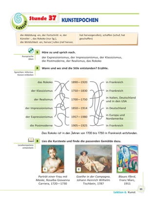 Le kt
ion
66
Lektion 6. Kunst
89
KUNSTEPOCHENStunde 37
1 Höre zu und sprich nach.
der Expressionismus, der Impressionismus, der Klassizismus,
die Postmoderne, der Realismus, das Rokoko
2 Wann und wo sind die Stile entstanden? Erzähle.
das Rokoko 1890—1920 in Frankreich
der Klassizismus 1750—1830 in Frankreich
der Realismus 1700—1750
in Italien, Deutschland
und in den USA
der Impressionismus 1850—1914 in Deutschland
der Expressionismus 1957—1980
in Europa und
Nordamerika
die Postmoderne 1905—1925 in Frankreich
Das Rokoko ist in den Jahren von 1700 bis 1750 in Frankreich entstanden.
3 Lies die Kurztexte und finde die passenden Gemälde dazu.
A B C
Porträt einer Frau mit
Maske, Rosalba Giovanna
Carriera, 1720—1730
Goethe in der Campagna,
Johann Heinrich Wilhelm
Tischbein, 1787
Blaues Pferd,
Franz Marc,
1911
1
Aussprache
üben
2
Sprechen: Informa-
onen mi eilen
3
Lesekompetenz
entwickeln
die Abbildung -en, der Fortschritt -e, der
Künstler -, das Rokoko (nur Sg.),
die Wirklichkeit -en, hervor¦rufen (rief hervor,
hat hervorgerufen), schaffen (schuf, hat
geschaffen)
 
