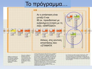 Αν η απόζηαζη είναι
μεηαξύ 5 και
85 εκ. πποειδοποιεί με
αςξανόμενη ένηαζη με ηη
λέξη: «ΕΜΠΟΔΙΟ»
Αλλιώρ, ζηιρ κονηινέρ
αποζηάζειρ λέει:
«΢ΣΑΜΑΣΑ
Σο ππόγπαμμα…
 