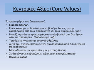 Κεντρικζσ Αξίεσ (Core Values)
Σο πρώτο μζροσ του διαγωνιςμοφ.
• Είμαςτε ΟΜΑΔΑ
• Εμείσ κάνουμε τθ δουλειά για να βροφμε λφςεισ, με τθν
κακοδιγθςθ από τουσ προπονθτζσ και τουσ ςυμβοφλουσ μασ
• Γνωρίηουμε ότι οι προπονθτζσ και οι ςφμβουλοί μασ δεν ζχουν
όλεσ τισ απαντιςεισ. Μακαίνουμε μαηί!
• Σιμοφμε το πνεφμα τθσ ευγενοφσ άμιλλασ
• Αυτό που ανακαλφπτουμε είναι πιο ςθμαντικό από ό,τι ςυνολικά
κα κερδίςουμε
• Μοιραηόμαςτε τισ εμπειρίεσ μασ με τουσ άλλουσ
• ΢ε ότι κάνουμε εκφράηουμε αξιοπρεπι επαγγελματιςμό
• Περνάμε καλά!
 