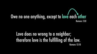 Owe no one anything, except to love each other
Romans 13:8
love other
Love does no wrong to a neighbor;
therefore love is the fulﬁlling of the law.
Romans 13:10
 